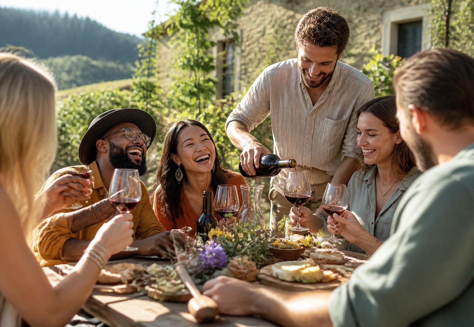 Friends sharing wine outdoors
