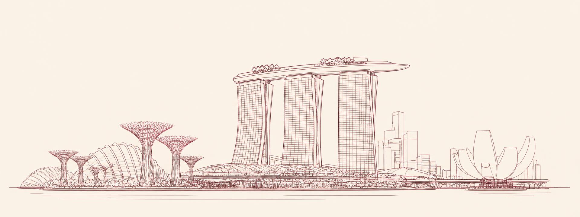 Illustrated Singapore skyline with Marina Bay Sands and the Gardens by the Bay supertrees